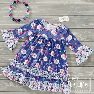 PETE + LUCY Country Denim Blue Floral Ruffle Long Sleeve Dress 6-12 months NEW